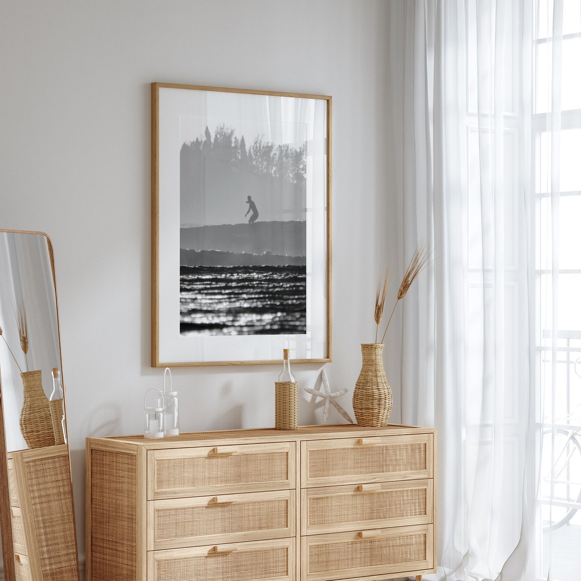Surfer Silhouette Black And White Sunrise Ocean Sparkle Surf Print - Image 3