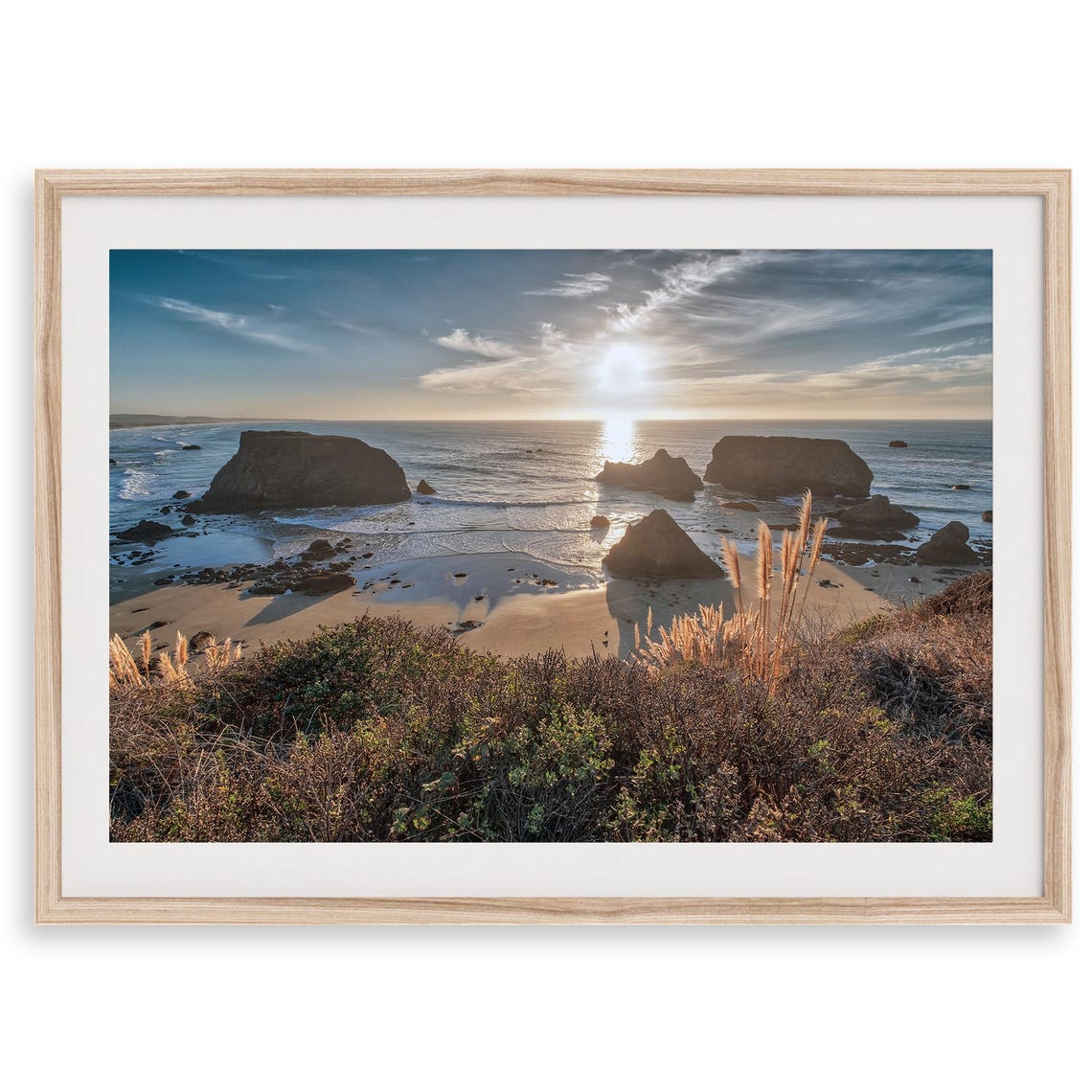 California Coast Sunset Sea Stacks Golden Ocean Beach Travel Poster