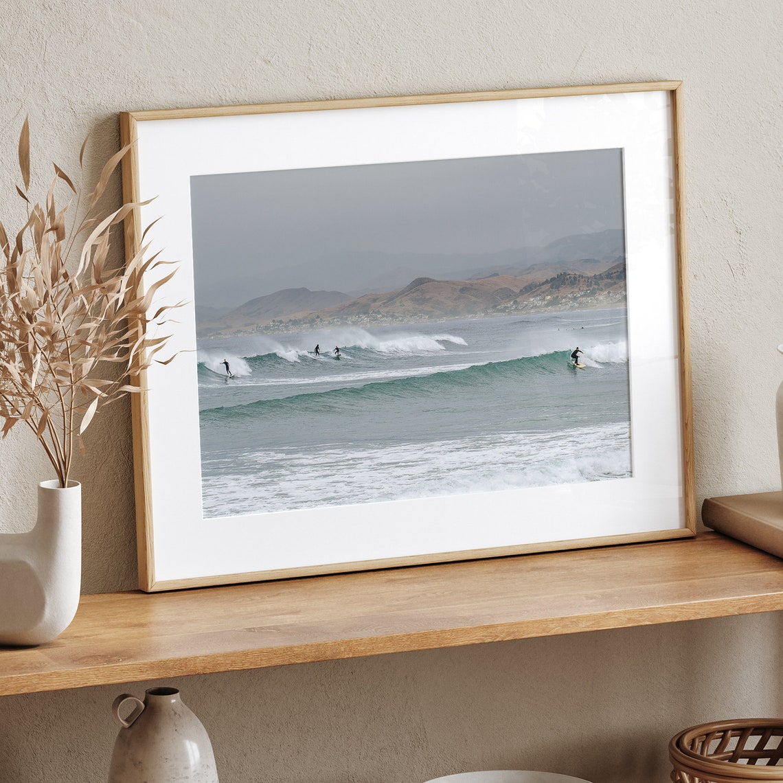 California Coast Surfers Riding Waves Ocean Hills Backdrop Poster - Image 3