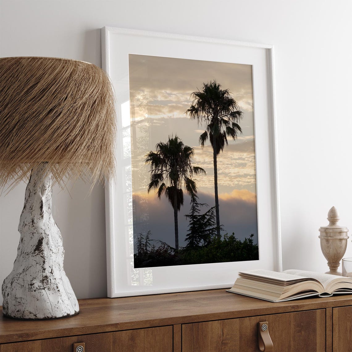 Two Palm Trees Silhouetted Against Golden Sunset Sky Coastal Wall Art - Image 3