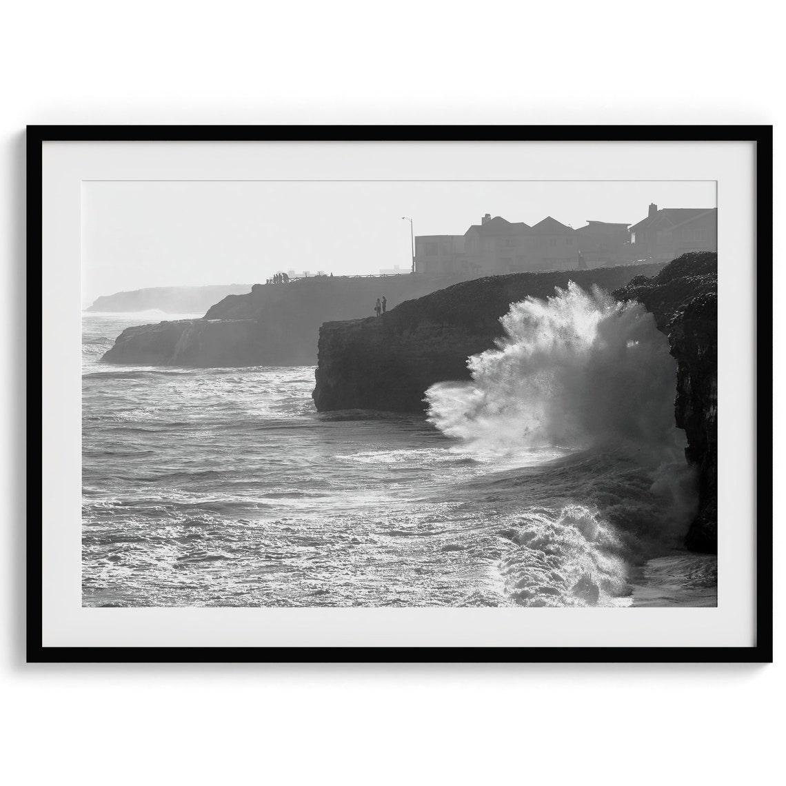 Black And White Crashing Waves Rocky Cliffs Beach Houses Coast Poster - Image 2