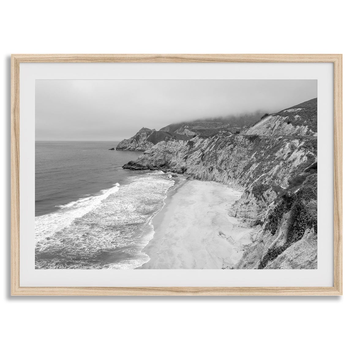 California Coastal Bluffs Misty Beach Cliffs Black White Shore Poster