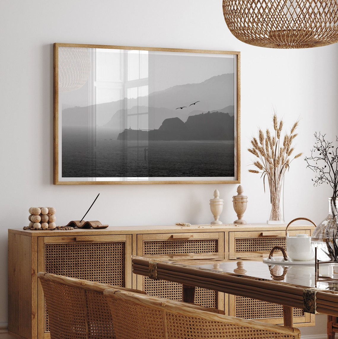Black And White Seabirds Flying Over Misty Coastline Cliffs Poster - Image 2