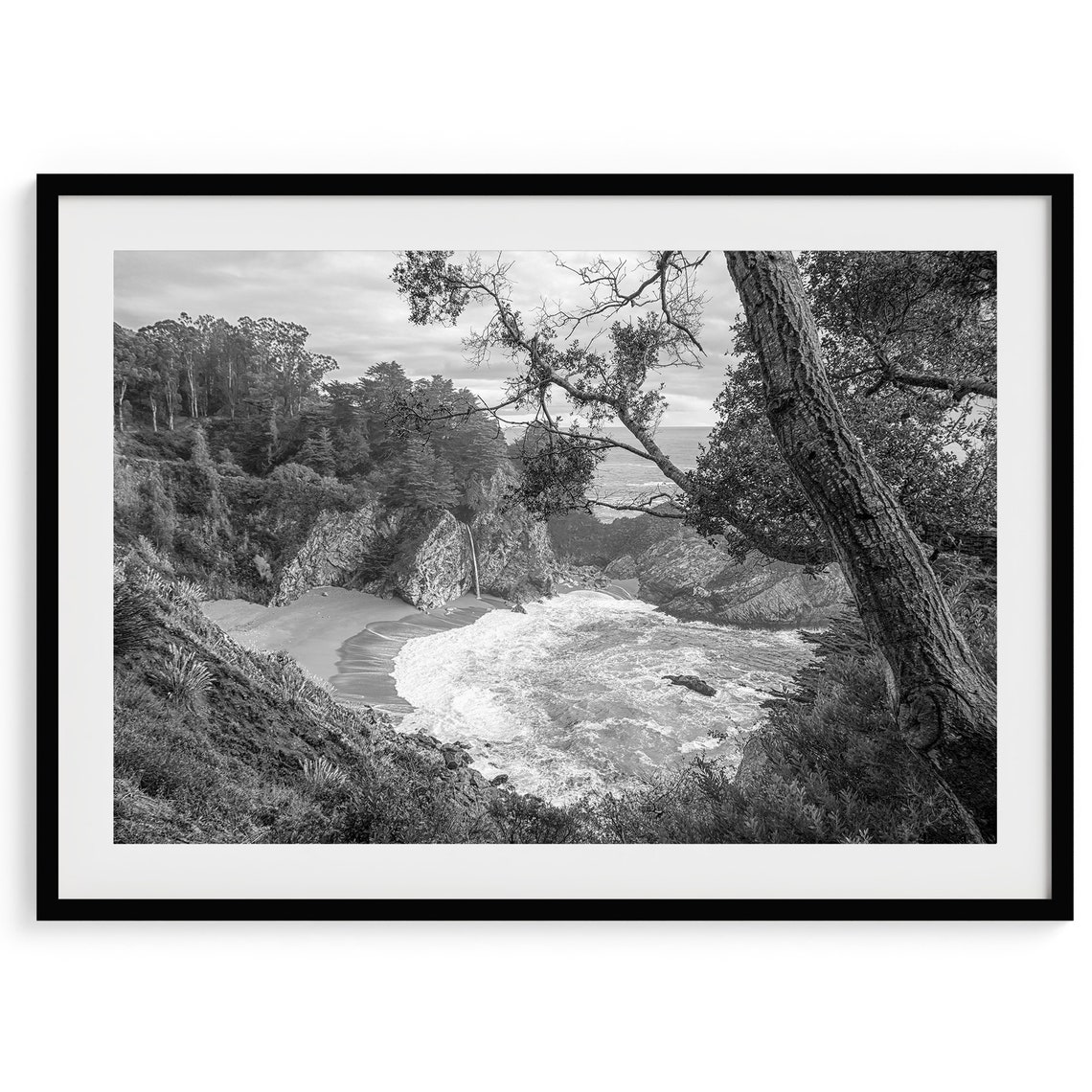 McWay Falls Big Sur Waterfall Cove Cliff Black And White Coast Poster