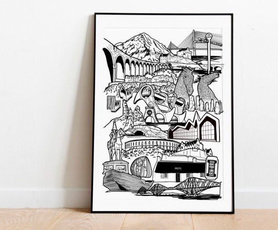 Scotland Landmark Print Black And White Skyline Illustration