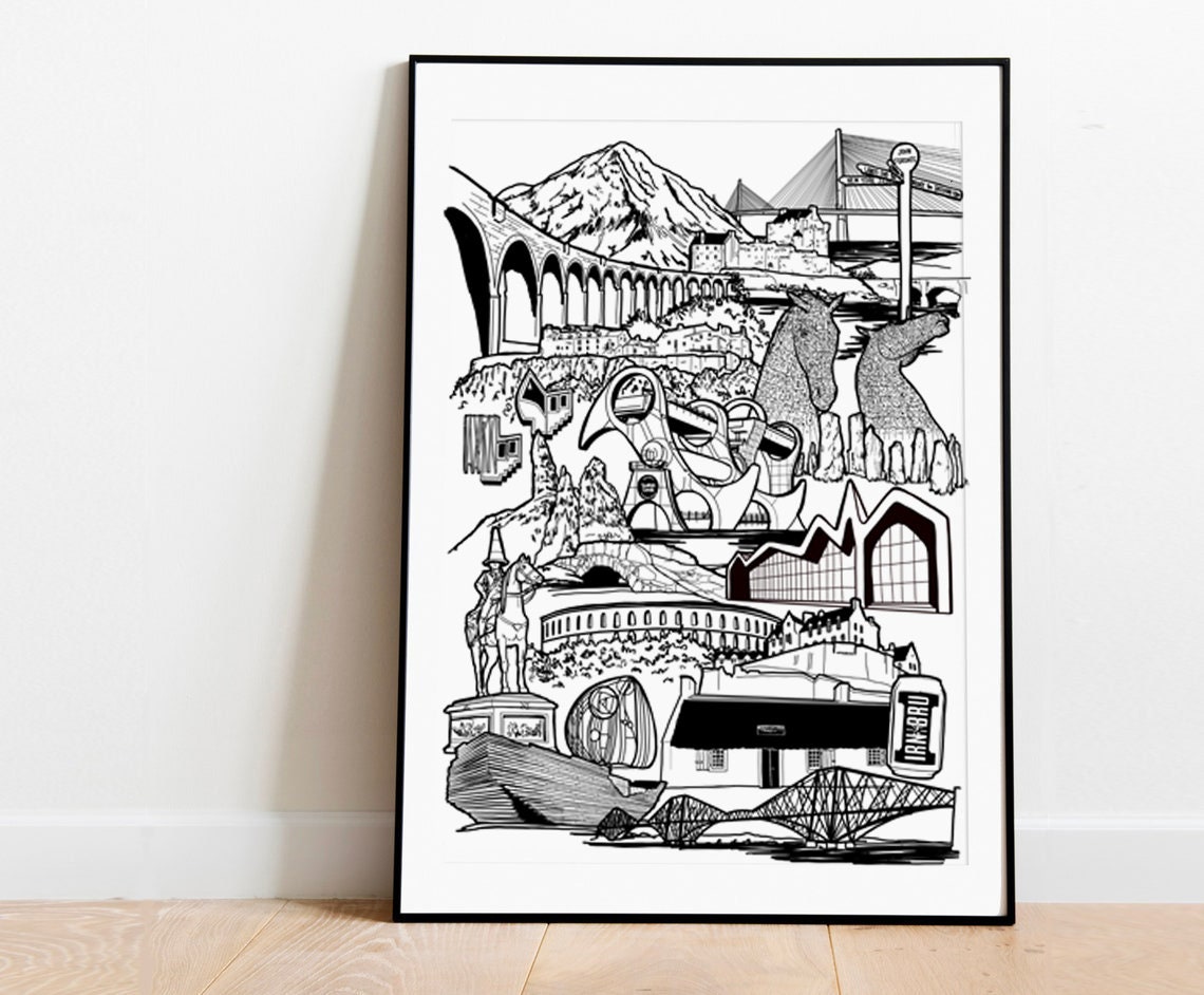 Scotland Famous Landmarks Black and White Skyline Art Poster