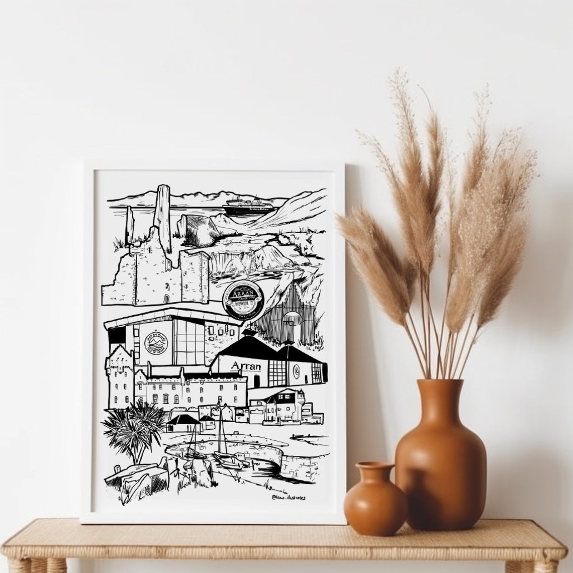 Isle Of Arran Landmarks Black And White Illustrated Sketch Print
