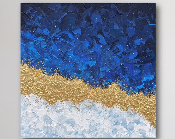 Navy Blue Gold Abstract Painting Original Palette Knife Artwork Large Textured Wall Art