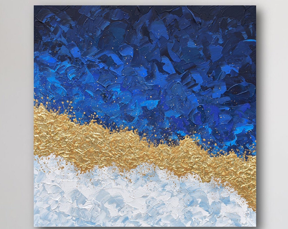 Navy Blue Gold Abstract Painting Textured Modern Wall Art Print Poster