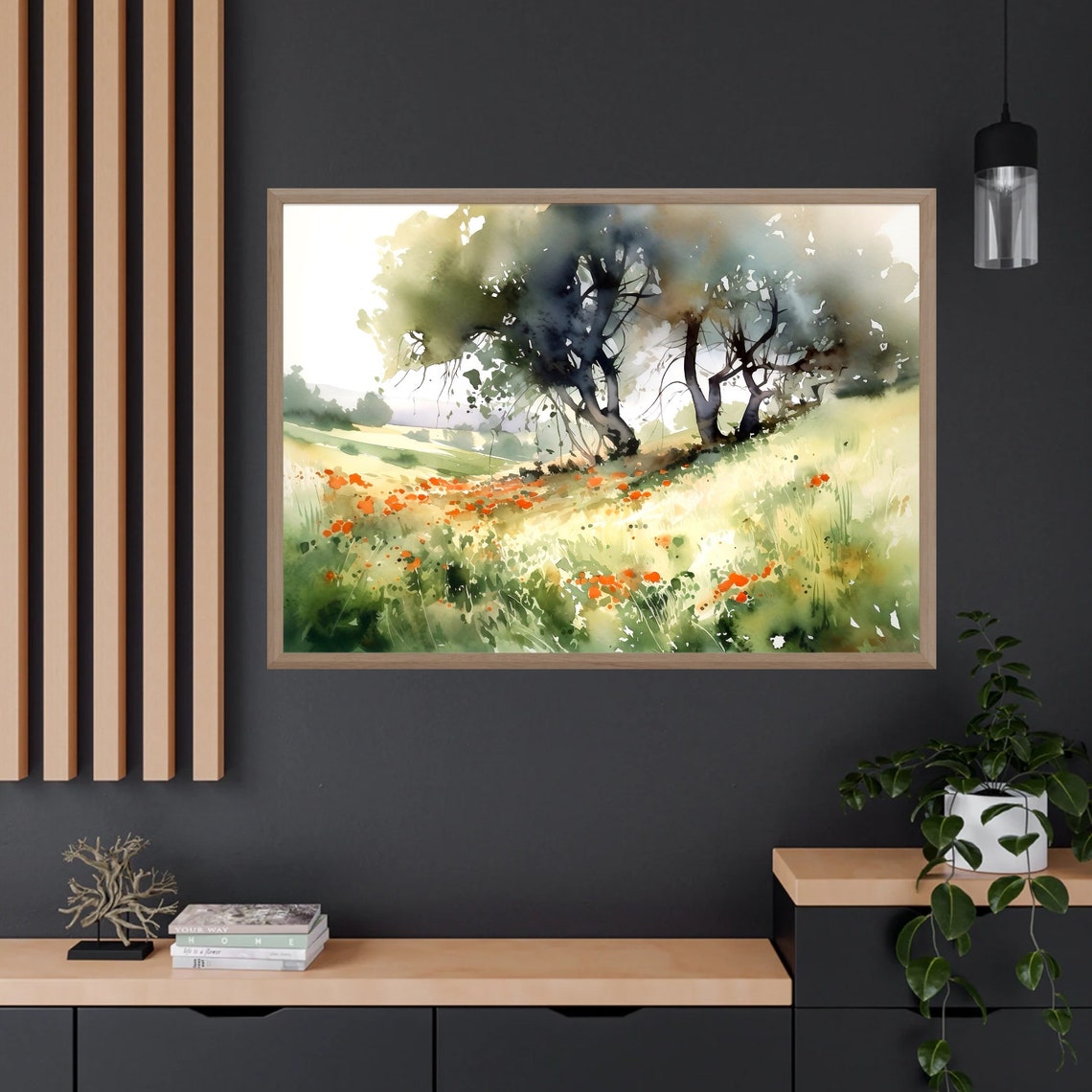 Sunlit Hillside Old Trees Orange Poppy Meadow Watercolor Poster - Image 4