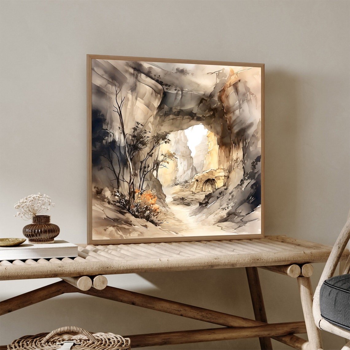Sepia Desert Canyon Watercolor with Rock Arch and Bare Trees Poster - Image 3