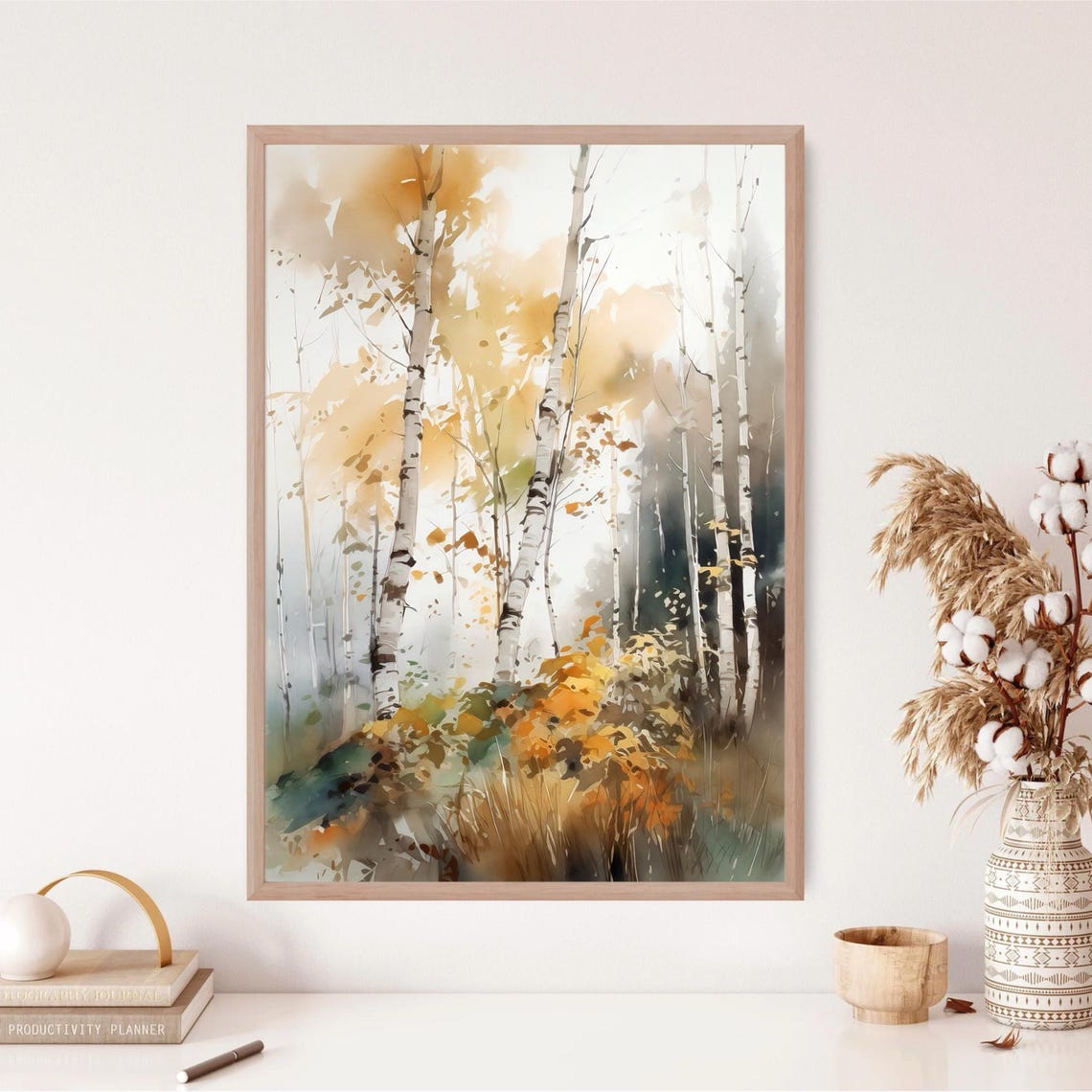 Golden Birch Trees Autumn Forest White Bark Watercolor Wall Art - Image 4