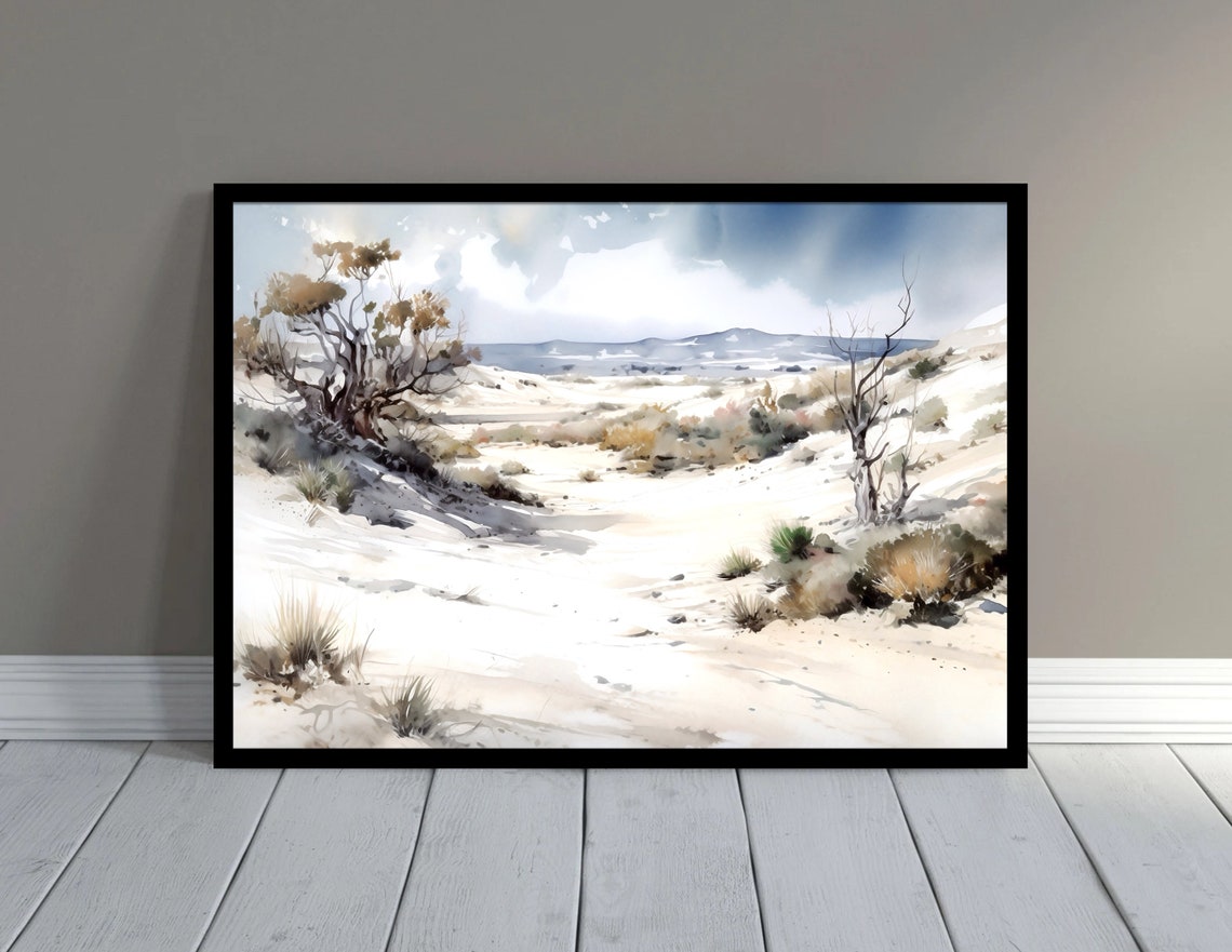 White Sand Dunes Watercolor with Desert Trees and Shrubs Poster - Image 2