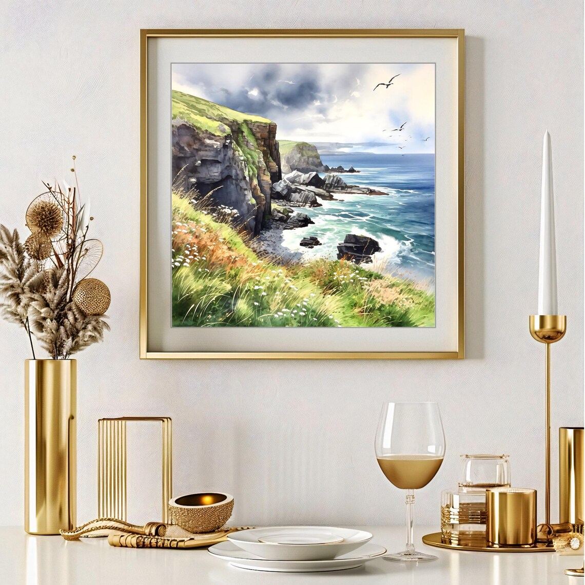 Irish Cliffside Ocean Waves Seabirds Watercolor Nature Art Poster - Image 2