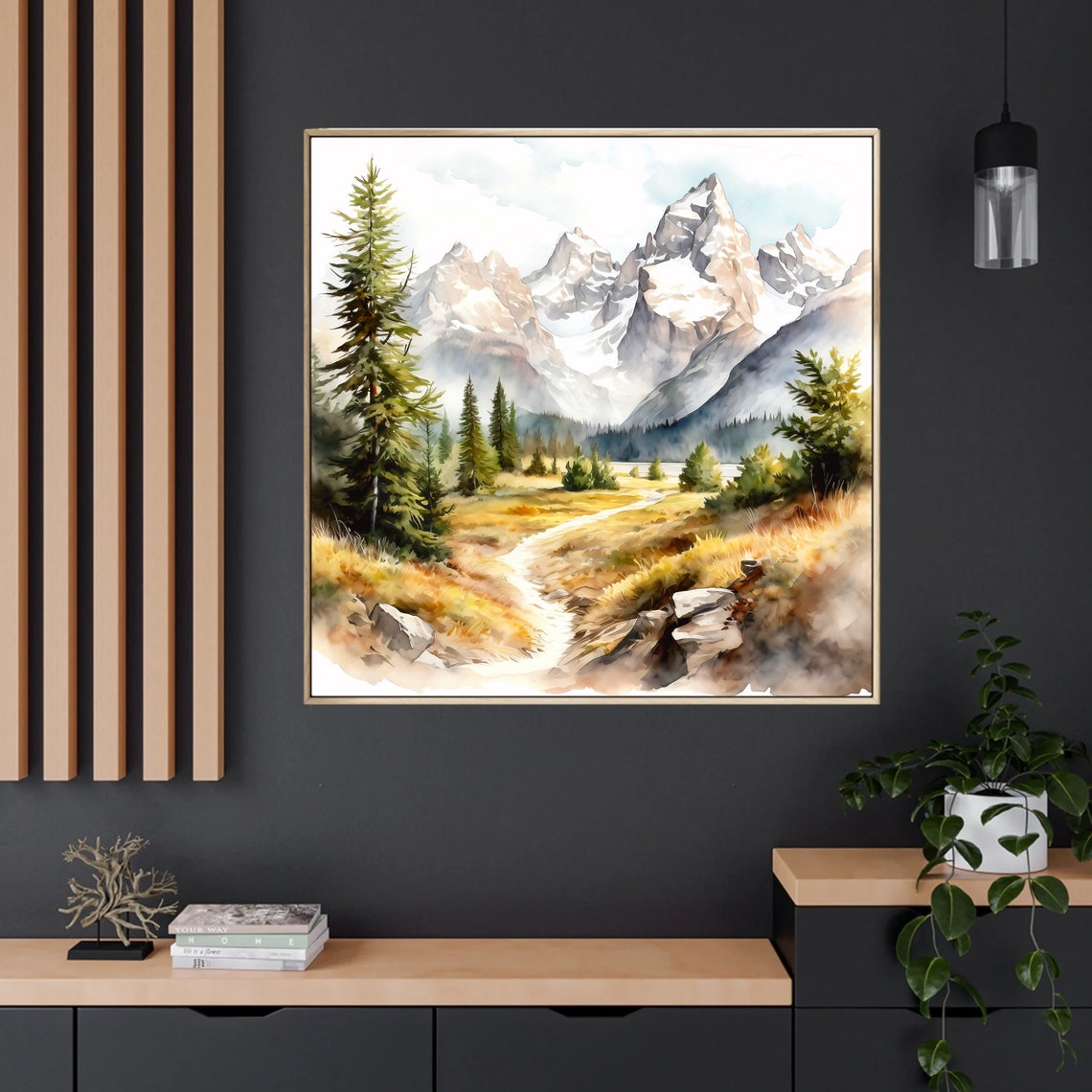 Snowy Jagged Mountain Peaks Pine Forest Meadow Watercolor Poster - Image 3