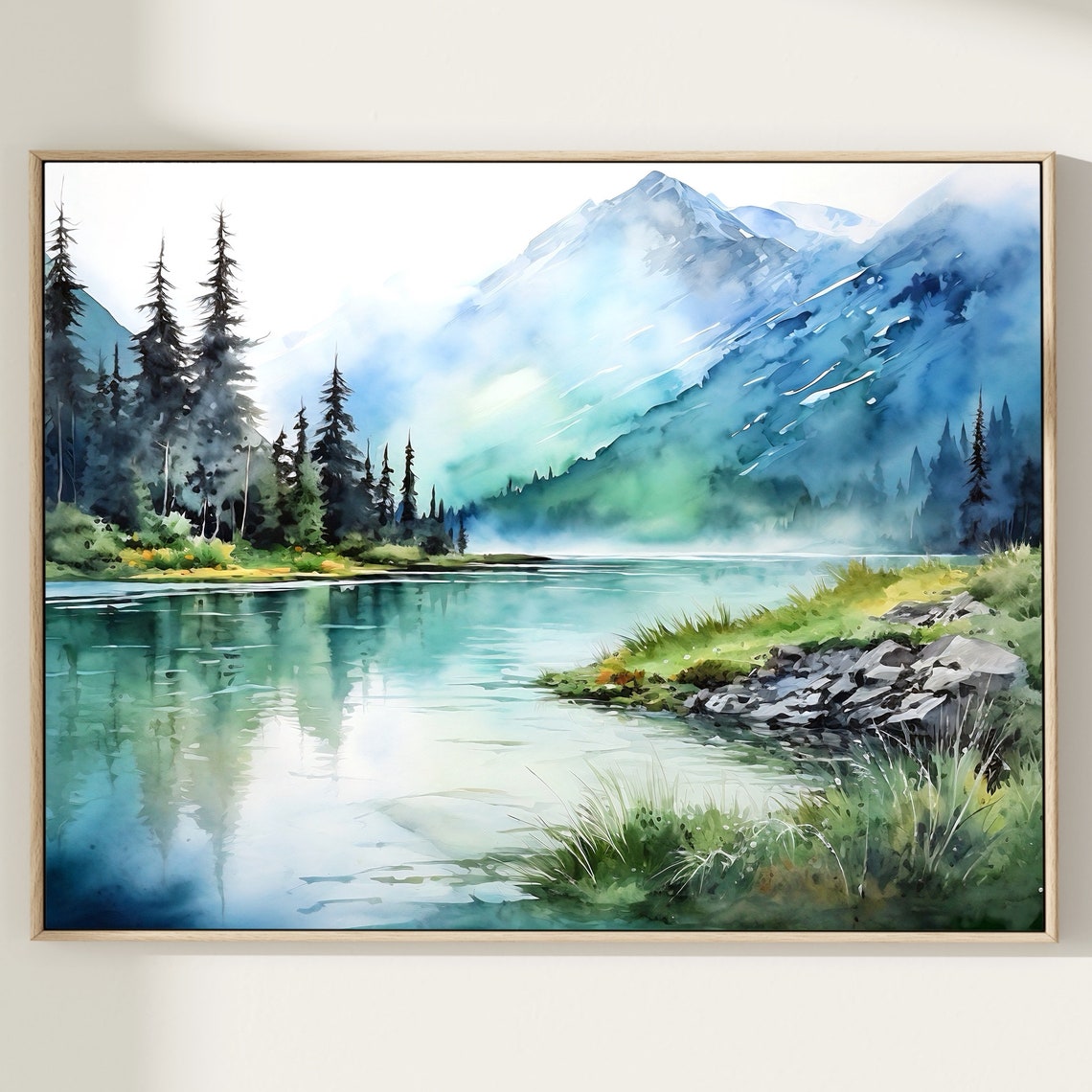 Misty Mountain Lake Blue Peaks Pine Shoreline Watercolor Wall Art - Image 4