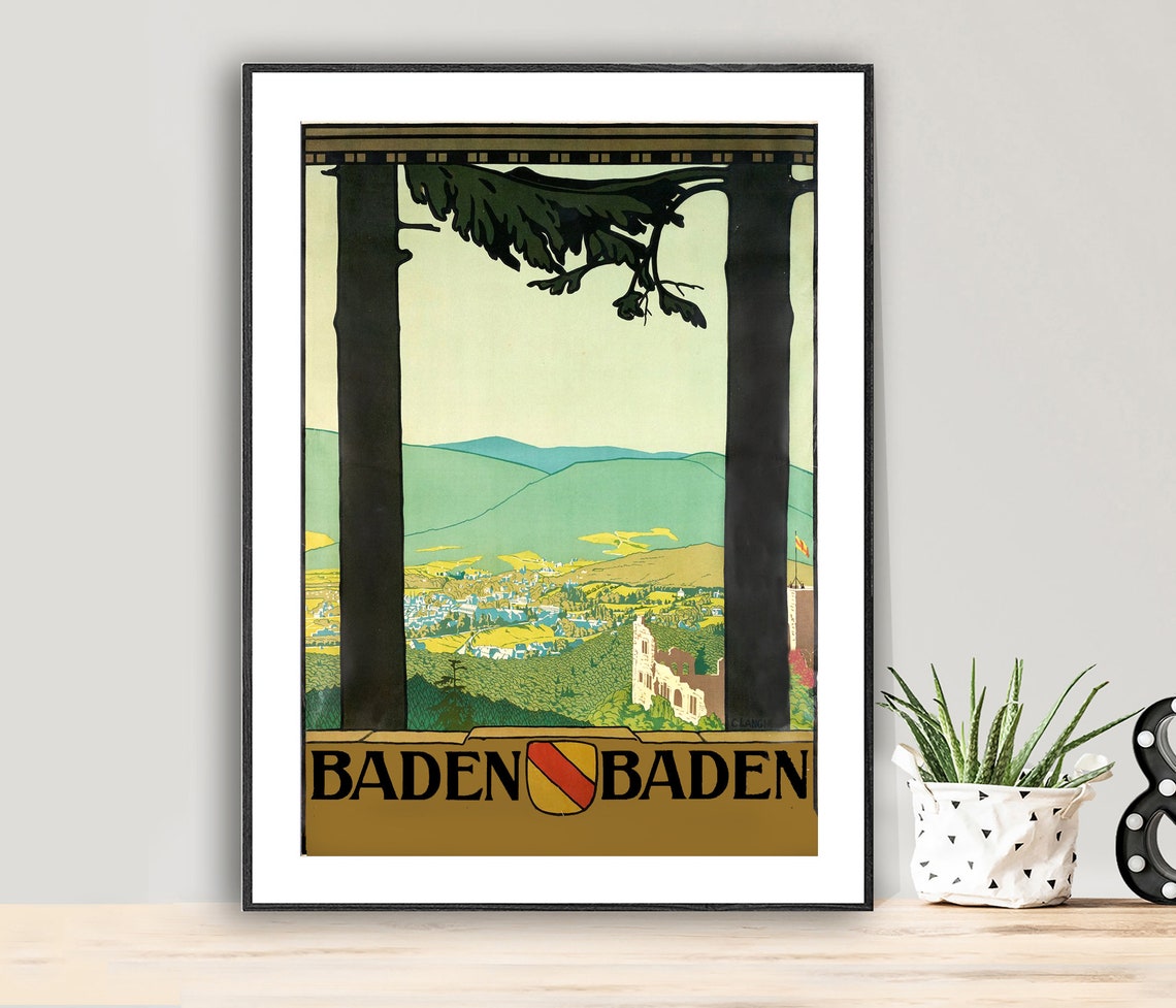 Baden Baden Germany Spa Town Castle Valley Pine View Vintage Poster