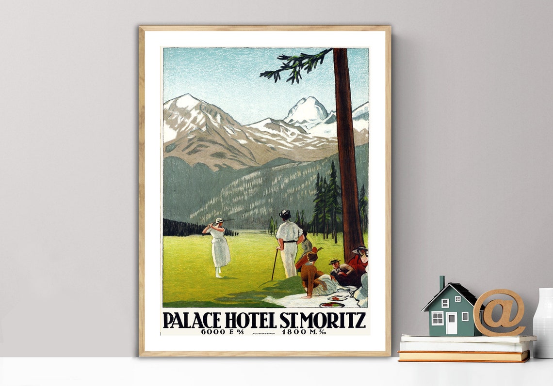 Palace Hotel St Moritz Vintage Golf Hotel Travel Poster Alps