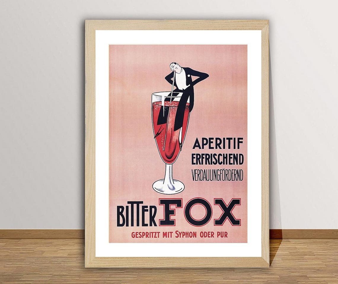 Bitter Fox Aperitif Giant Wine Glass Tiny Man Vintage German Ad Poster - Image 3