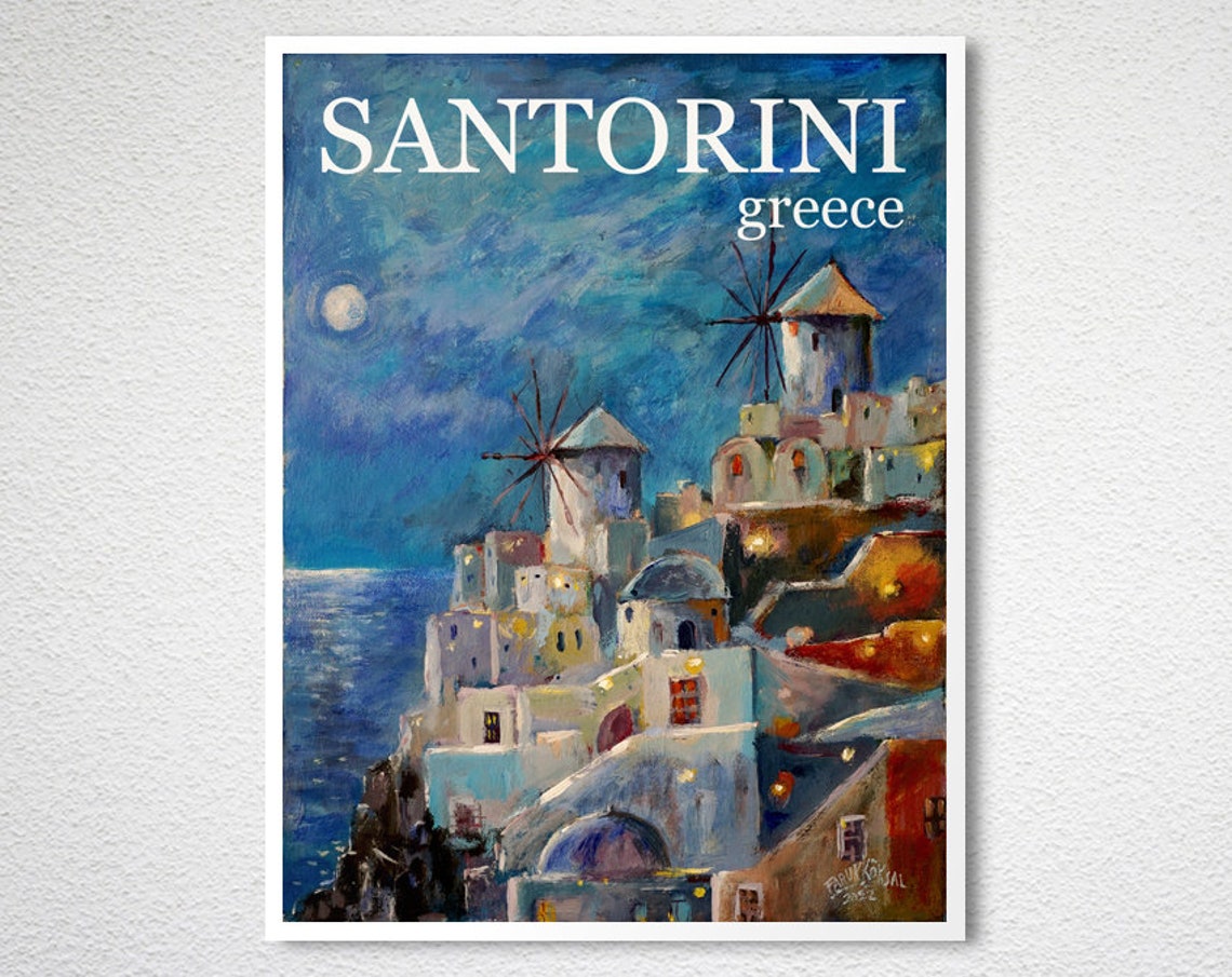 Santorini Greece Windmills Night Oil Painting Vintage Travel Poster - Image 2