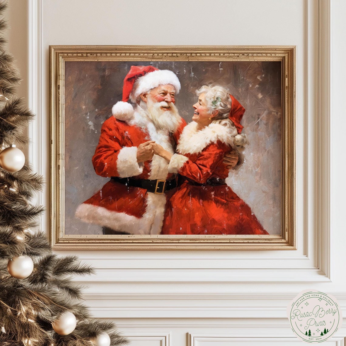 Santa and Mrs Claus Dancing Joyful Vintage Christmas Couple Art Print