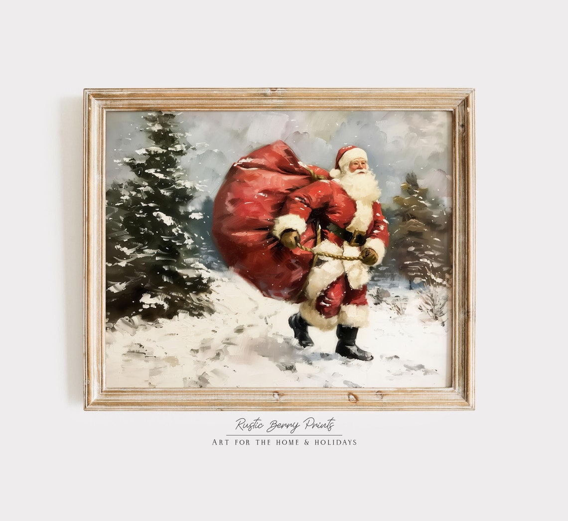 Vintage Santa Claus Carrying Giant Red Gift Sack Snowy Forest Poster