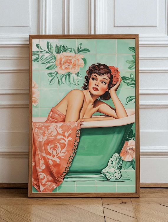 Retro Glam Bathroom Wall Art Vintage Woman In Bathtub Pinup Style Midcentury Green Tiles Emerald Artwork