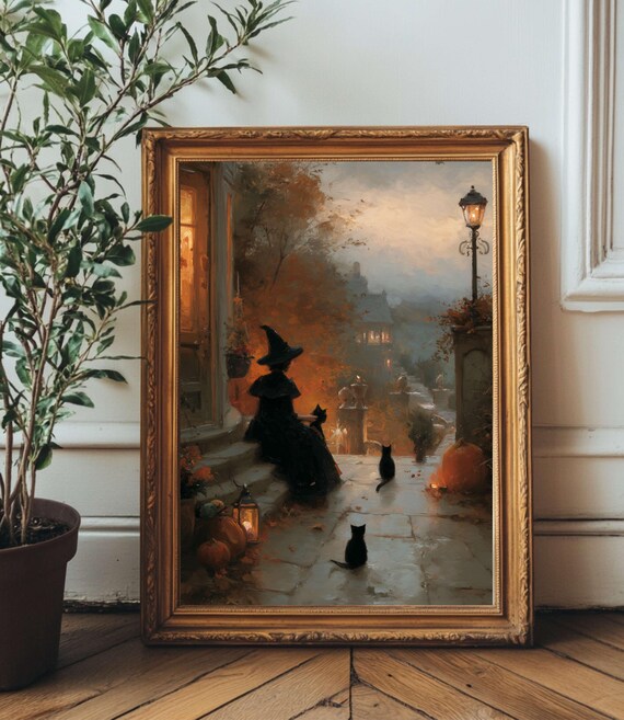 Witch With Black Cats On Autumn Porch Vintage Oil Painting Poster