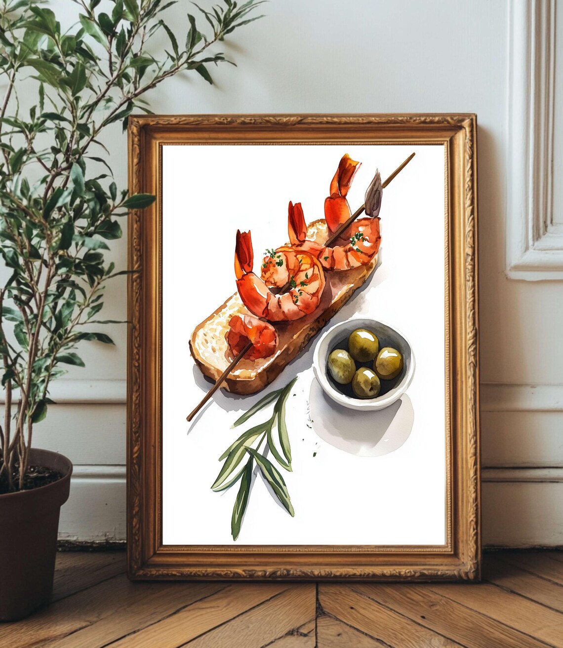 Shrimp Skewer Bruschetta Watercolor Mediterranean Kitchen Poster