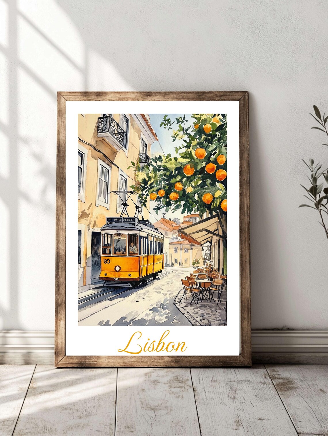 Lisbon Yellow Tram on Street Watercolor Portugal Travel Poster