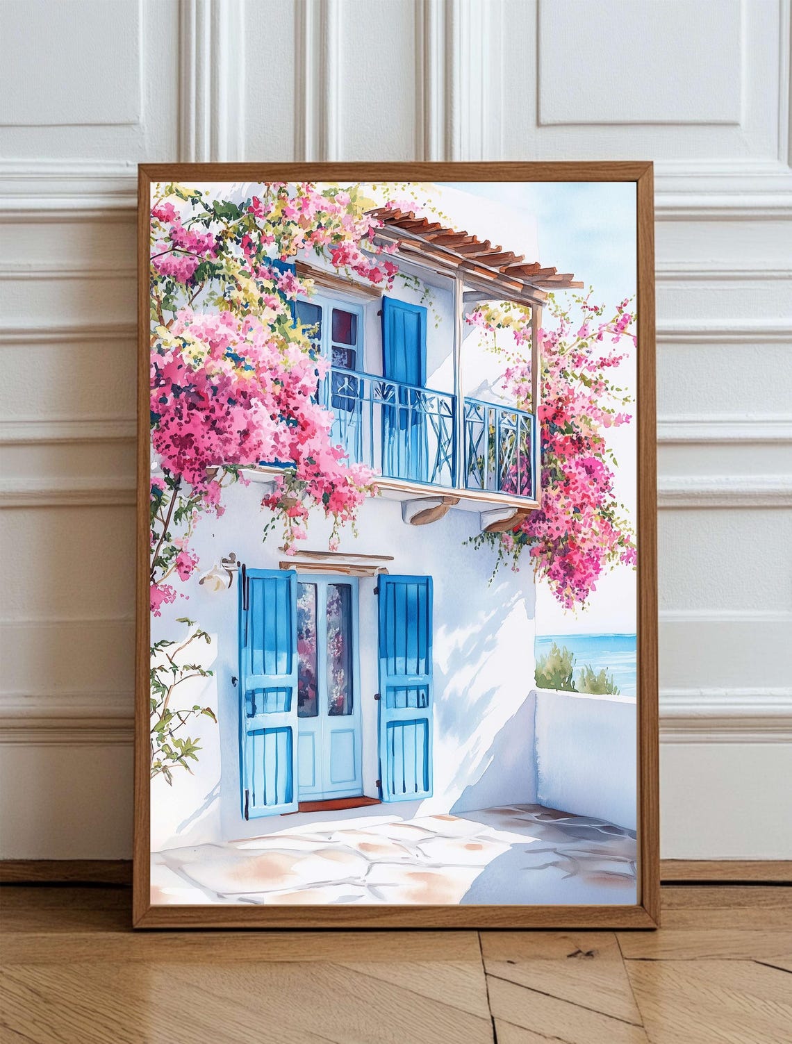 Greek Island Seaside Balcony Watercolor Poster with Ocean View