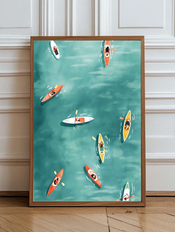 Minimalist Watercolor Kayaking Lake View Art Print