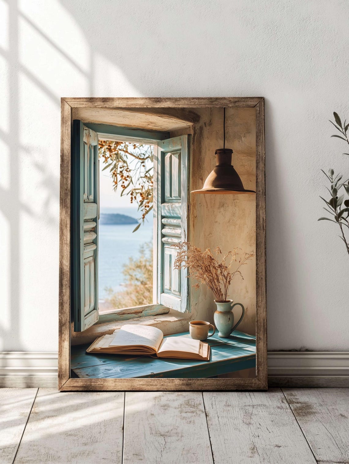 Greek Room Open Shutters Sea View Reading Nook Photography Poster
