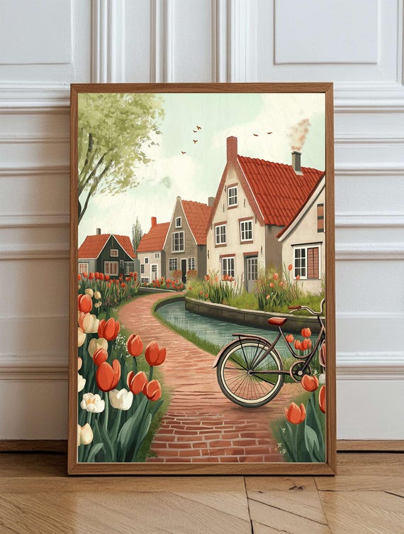 Amsterdam Wall Art Netherlands Tulip Field Bicycle Illustration Dutch Canal Landscape Storybook Style