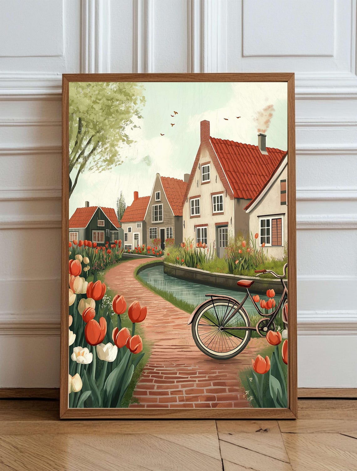 Amsterdam Wall Art Netherlands Tulip Field Bicycle Illustration Dutch Canal Landscape Storybook Style
