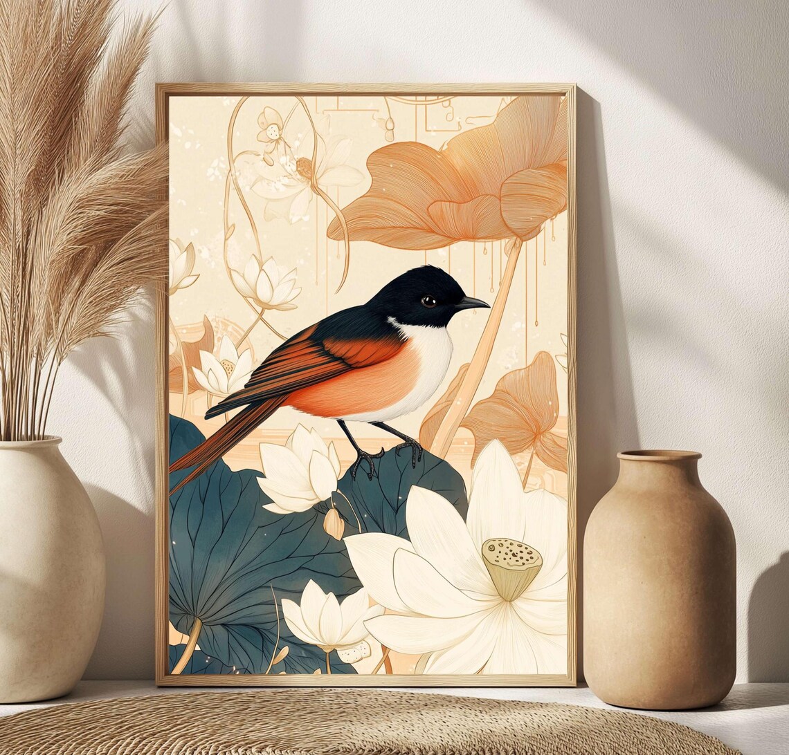 Rust Breasted Songbird White Lotus Flower Japandi Botanical Poster