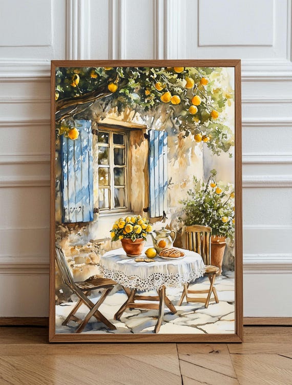 Rustic Mediterranean Courtyard Wall Art Watercolor Lemon Tree Patio Print French Country Decor