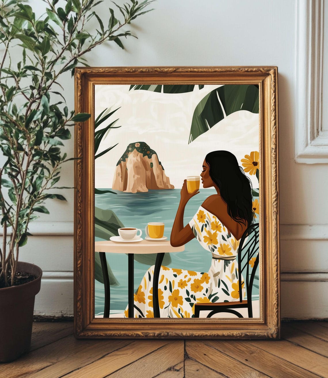 Boho Woman Enjoying Coffee By The Amalfi Coast Seaside Poster