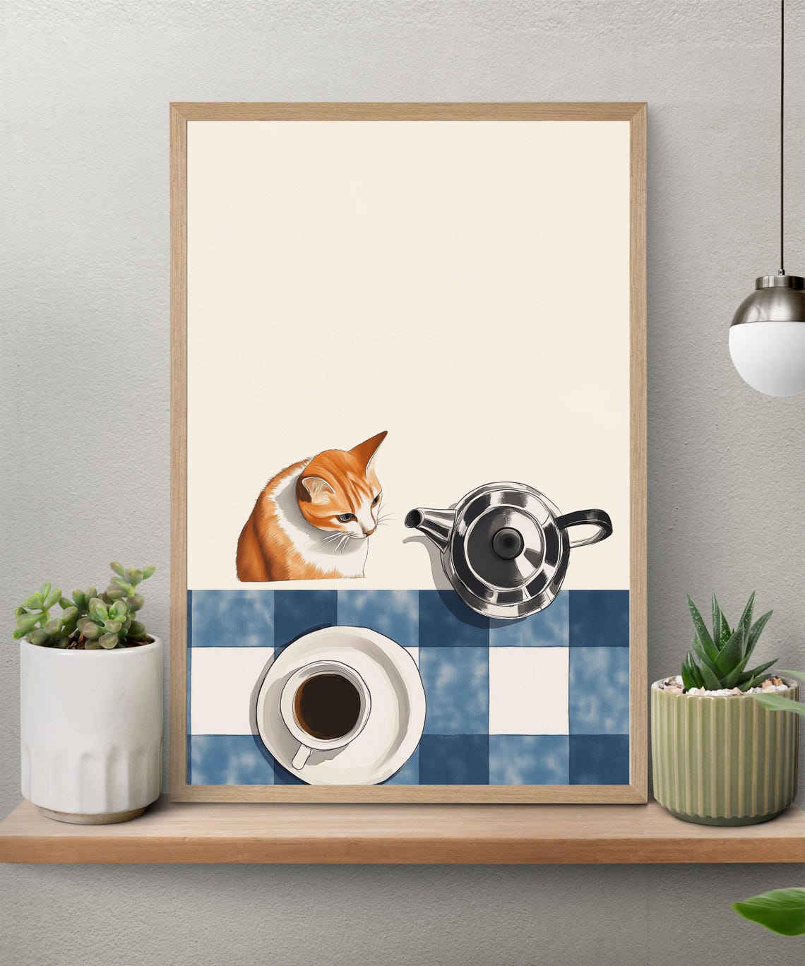 Curious Ginger Cat And Coffee Pot Watercolor Kitchen Decor Poster