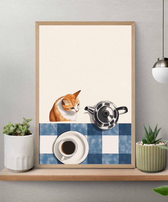 Minimalist Cat And Coffee Wall Art Watercolor Style Kitchen Decor Topdown Illustration With Blue Checkered Tablecloth Cozy Vintage Vibe