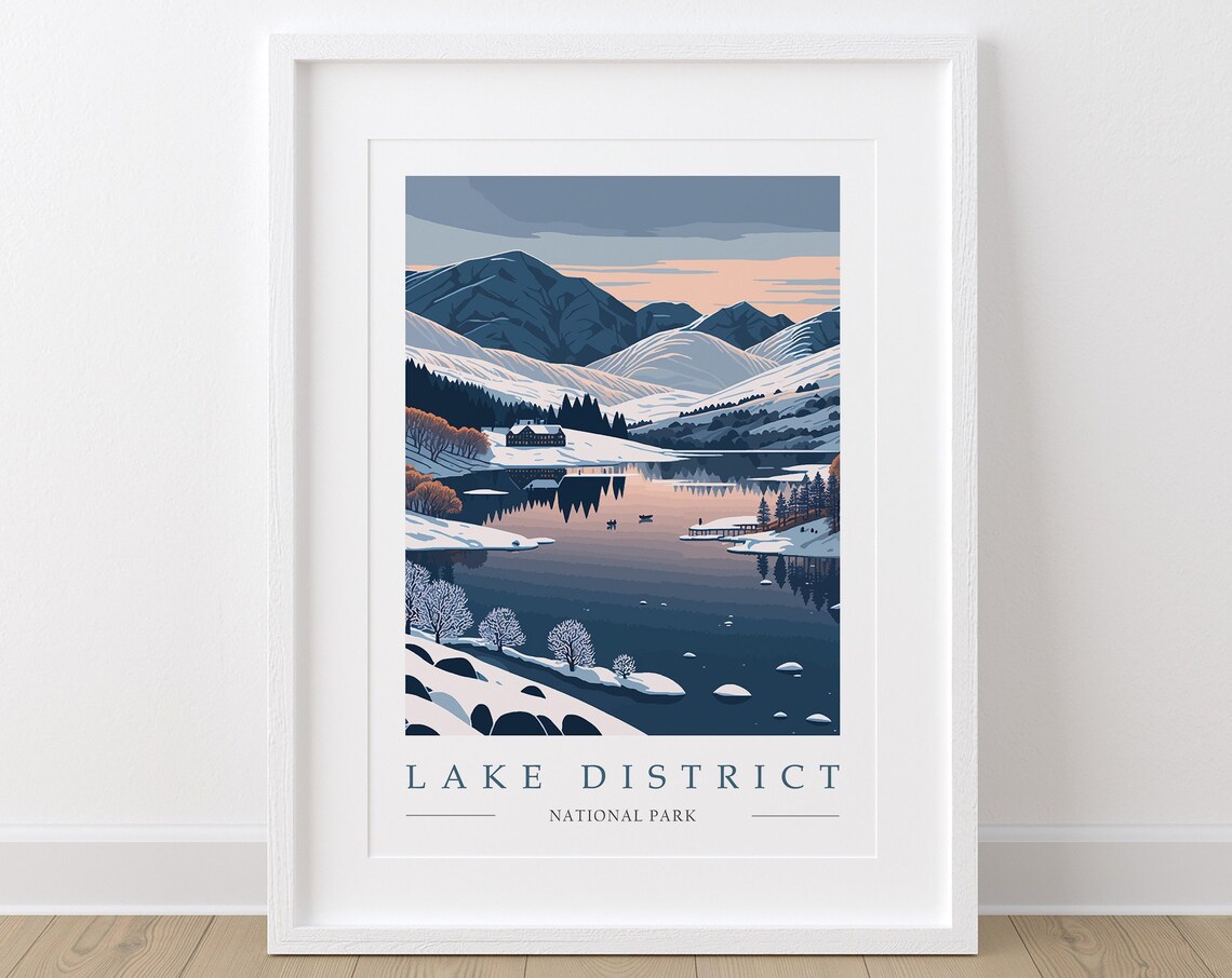 Lake District National Park Winter Sunset over a Snowy Lake Poster
