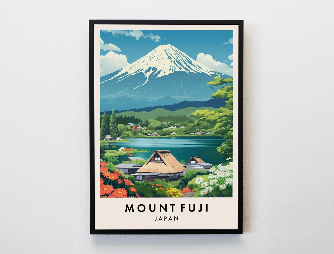 Mount Fuji Japan Snowcapped Peak Lakeside Village Flower Poster