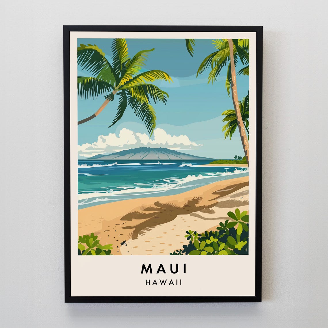 Maui Palm Framed Golden Beach Volcanic Cone Ocean View Travel Poster
