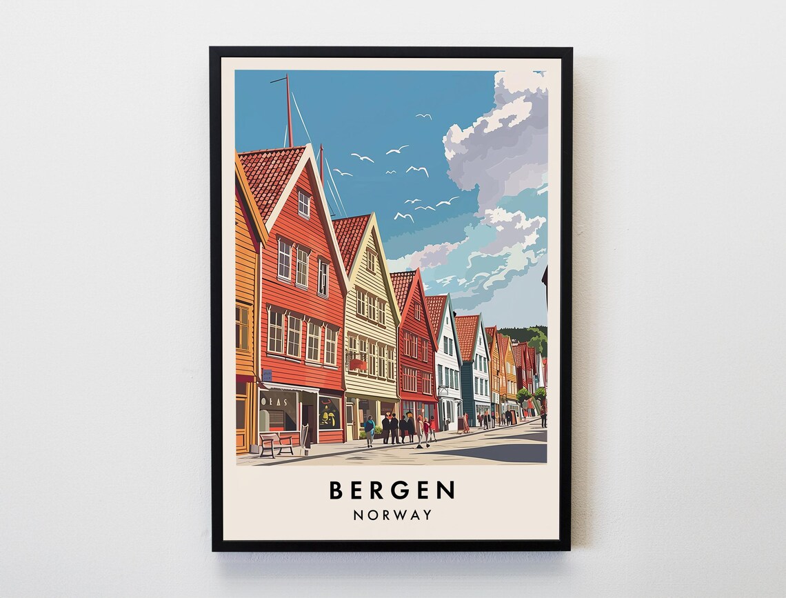 Bergen Norway Bryggen Wharf Travel Poster Colorful Wooden Houses