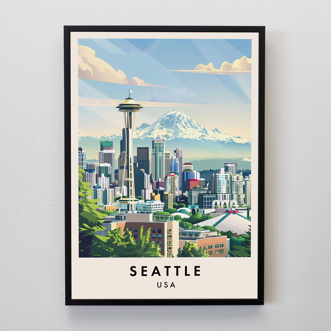 Seattle Space Needle Skyline Mount Rainier Backdrop Travel Poster