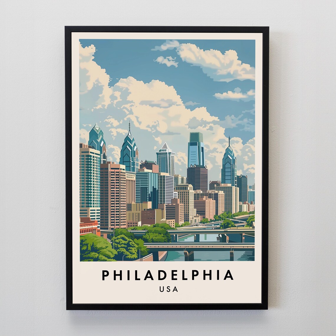 Philadelphia USA Retro Travel Illustration of the City Skyline Poster