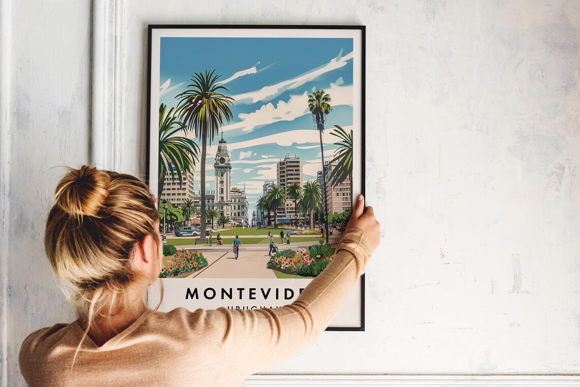Montevideo Uruguay Palm Plaza City Skyline Flowers Travel Poster - Image 2