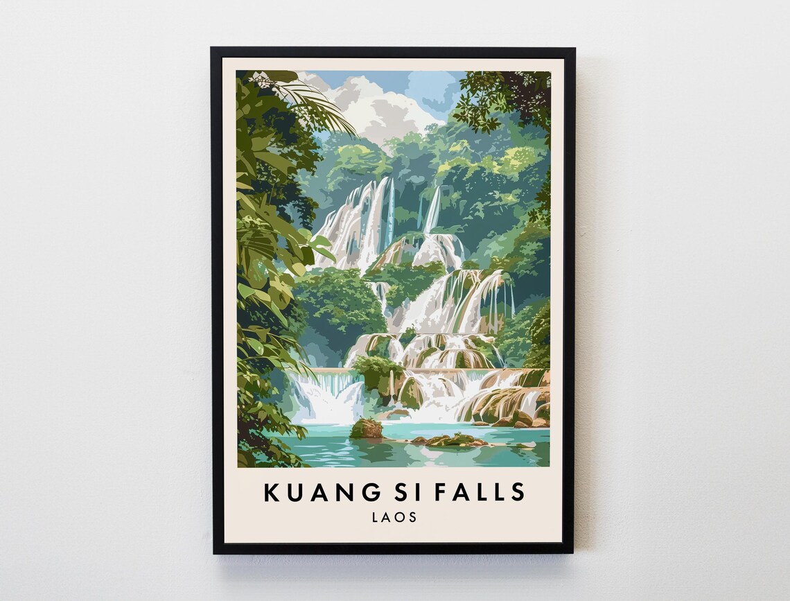 Kuang Si Falls Laos Jungle Waterfall Terraces Nature Travel Poster