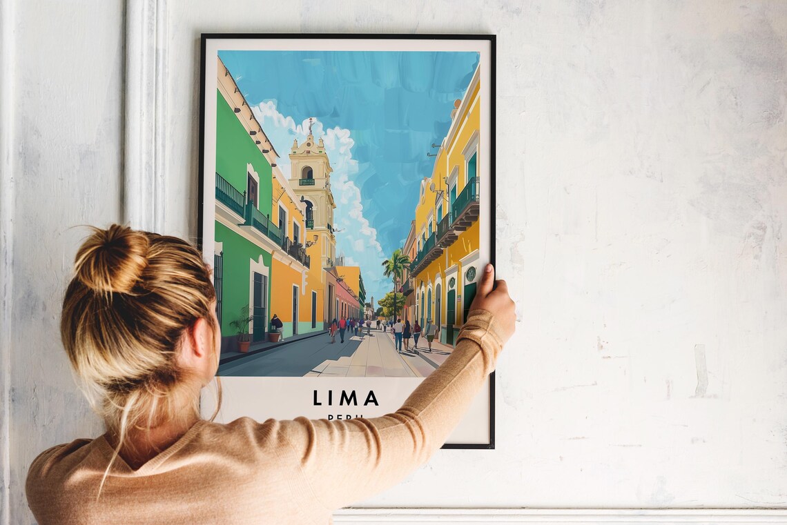 Lima Peru Colorful Colonial Street and Church Bell Travel Poster - Image 2