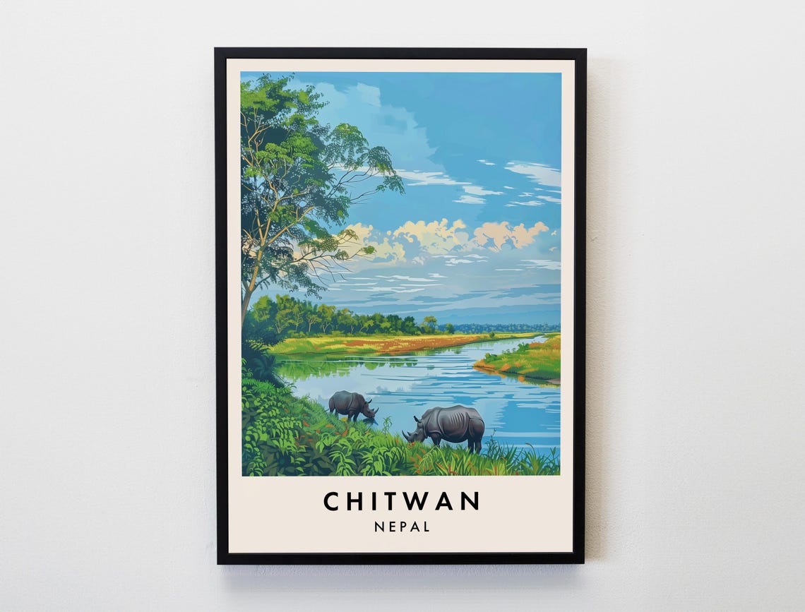 Chitwan Nepal Greater One-Horned Rhinos River Jungle Travel Poster